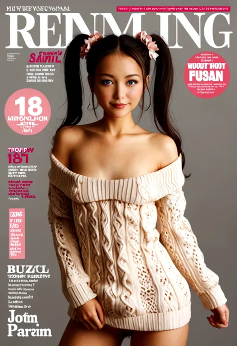 magazine cover,twin tails,beautiful sexy woman(wear an off-shoulder sweater),,(smooth skin),e7e48u，excited，small breasts，pubic h...