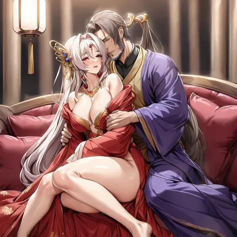 ((Highest quality)), ((masterpiece)), (detailed), （Perfect Face）、A naked man and a woman are having intense sex and making love、The woman is a Chinese beauty, wearing a gorgeous, glittering red Hanfu with lots of gold embroidery, a gorgeous hair ornament, ...