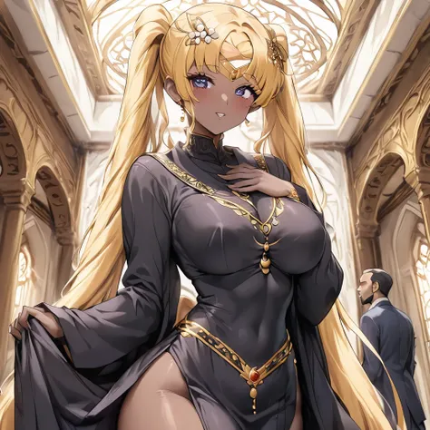 ((Highest quality)), ((masterpiece)), (detailed), （Perfect Face）、The woman is Tsukino Usagi, a devout Muslim., Arab with bright brown skin, In an Islamic prayer hall、She wears a gorgeous black abaya with gold embroidery.。, A gorgeous black hijab and niqab ...