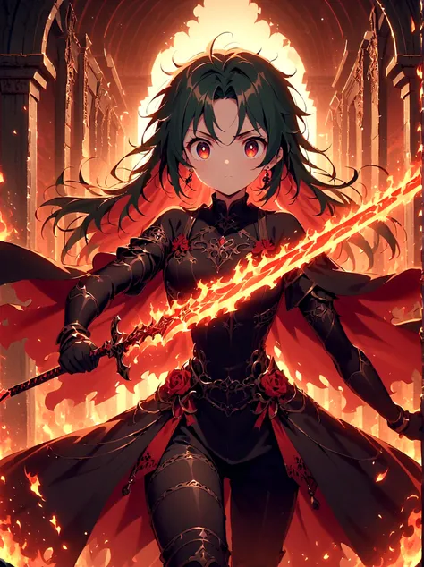 Xiao Yan, Battle Through the Heavens animation, Weapon Focus，Black long hair, Sparkling red eyes，Intricate tattoos，(Holding a burning sword:1.5)，Danger and stress factors，Black and red clothes,, Black pants, struggle, fire, explode, Dynamic poses, temple, ...