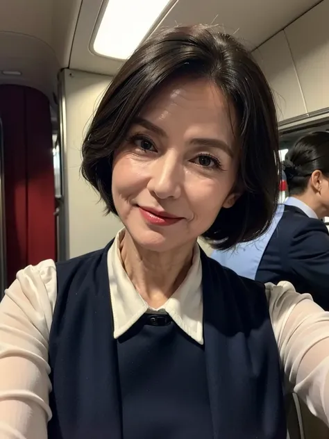 (masterpiece:1.4),(62-year-old woman:1.5),(facial wrinkles 1.2),A kind smile,maternal,Mature Woman, (dressed as a flight attendant : 1.3)