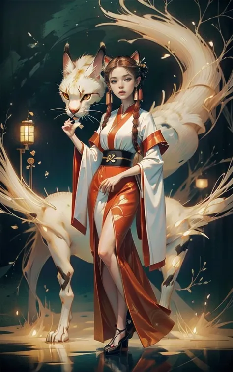 ((Masterpiece)),(Best Quality), (Cinematic),(Extremely detailed CG Unity 8k wallpaper),1girl, fit,Delicious company,revealing clothes, intricate outfit,fit, small breasts,very long red hair,big cat eyes,one Stunning hanfu cat girl with a beautifully design...