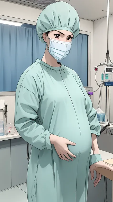 masterpiece, highest quality, source_anime, the view is turned slightly to the side, upper body, (RAW photo, best quality), 1girl, frown, pale skin, shy eyes, big breasts, big tits, pregnant, stand, natural lighting, solo, hospital, in the operating room, ...