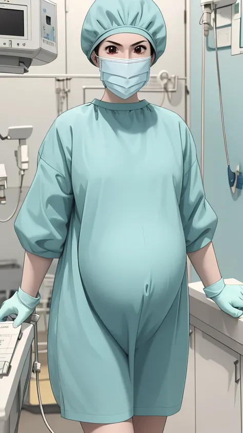 masterpiece, highest quality, source_anime, the view is turned slightly to the side, upper body, (RAW photo, best quality), 1girl, frown, pale skin, shy eyes, big breasts, big tits, pregnant, stand, natural lighting, solo, hospital, in the operating room, ...