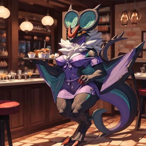 female, solo, anthro noivern, waitress, restaurant, carrying drinks, natural breasts, digitigrade, looking at viewer, detailed f...