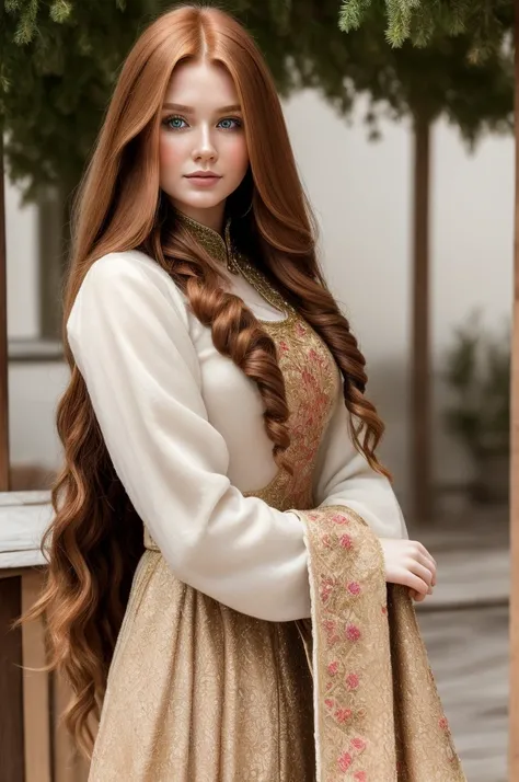 A gorgeous, pretty, shiny, kind-hearted, warm-hearted, sweet, polite, sensitive, friendly, charming, graceful, stylish, classy, alluring, majestic, ethereal, angelical ginger long haired russian woman dressed in traditional folk costumes.