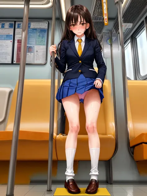 Browsing Caution,4K,Gal:1.3,Anatomically correct,school uniform:1.3,A pure and innocent girl, Very cute face, Like an idol, (masterpiece:1.2), (high quality), panties, loose socks, Hip, Blue Skirt, alone, Blazer Type, loose socks, Lifting clothes, Brown ey...