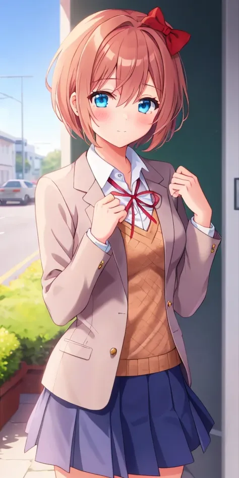 one girl, Sayori, DDLC, school blazer, hair bow, close to girl, too gentle, blue eyes, beautiful, skirt, cowboy shot, clumsy girl