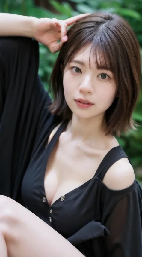 ((Highest quality, 8K, masterpiece: 1.3)), Sharp focus: 1.2, Beautiful woman with perfect body: 1.4, Slim abdomen: 1.2, ((Layered Haircut, Large Breasts: 1.2)), (Very good) (Small beautiful hard nipples) (thin, damp buttons up to shirt length,: 1.1), (rain...