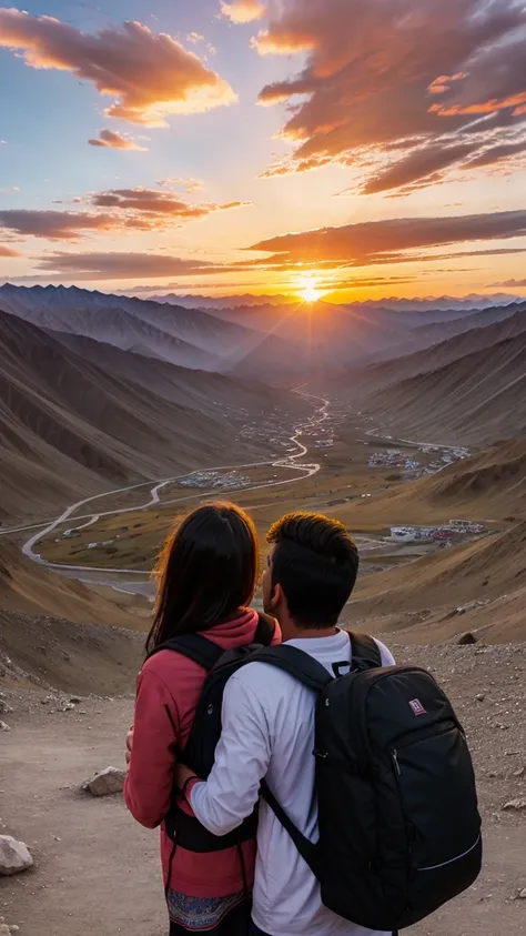 A traveler with his gf enjoying view of ladakh ,big bagpack, beautiful sunset,amazed,backside view