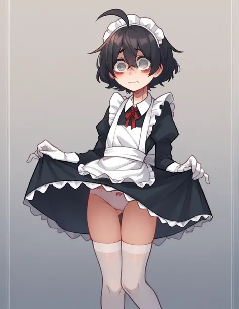 1 girl, alone, ppka, black fur, short hair, messy fur, Ahoge, wellrts, wellrts all over the body, grey eyes, blind eyes, kind eyes, blushing, nervous, cute look, looking at the viewer, 
take a maid, maid, maid miniskirt, long sleeve maid outfit, wide sleev...