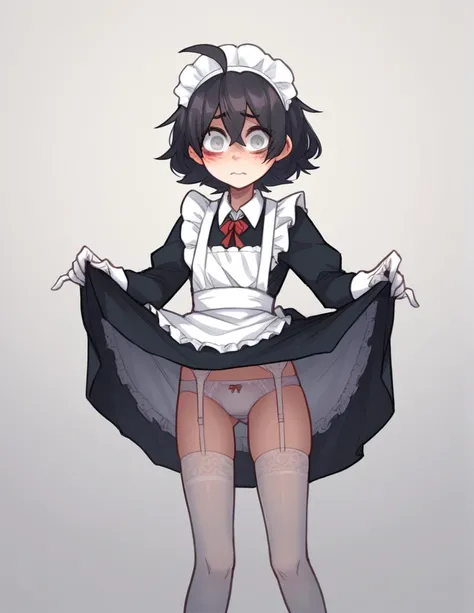 1 girl, alone, ppka, black fur, short hair, messy fur, Ahoge, wellrts, wellrts all over the body, grey eyes, blind eyes, kind eyes, blushing, nervous, cute look, looking at the viewer, 
take a maid, maid, maid miniskirt, long sleeve maid outfit, wide sleev...