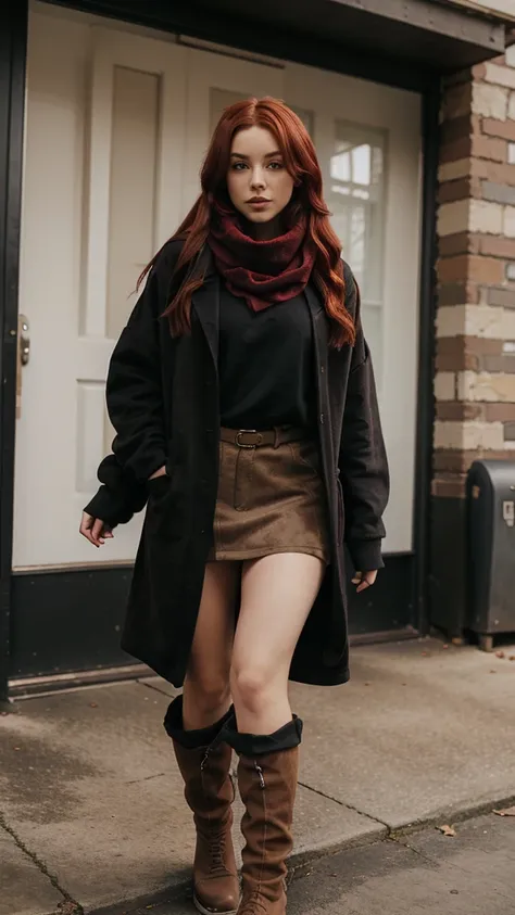 red dyed hair girl. Black loose fleece skirt. Black knee high suede boots. black thighs. beige scarf. 