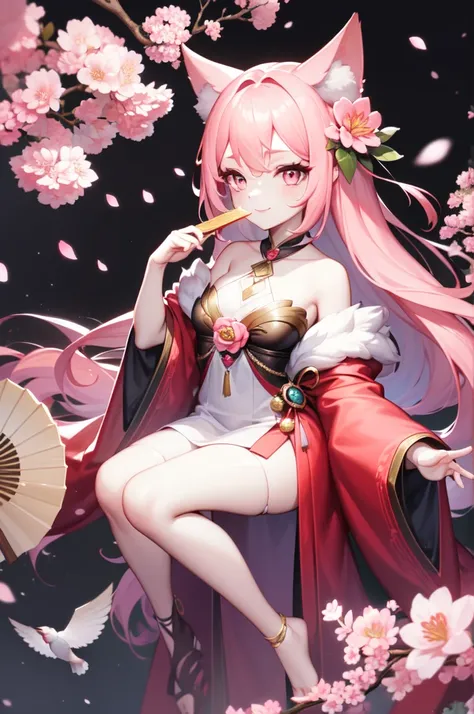 1 girl, wide, one, pink hair, bird, hair ornament, water, I look at the viewer, flower, Cherry blossoms, pink eyes, mama, black background, Petals, session, bare shoulders, by white, hair flower, animal ears, dress, rama, hand fan, hair between the eyes, v...