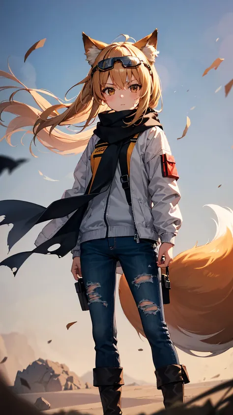 masterpiece,Best quality,1 girl, suzuran (Arknights), long hair, Fox tails, Safety glasses,Safety glasses on head,black scarf,torn pants,White jacket,Serious,Looking at the viewer,Wasteland,sand,dust,wind,