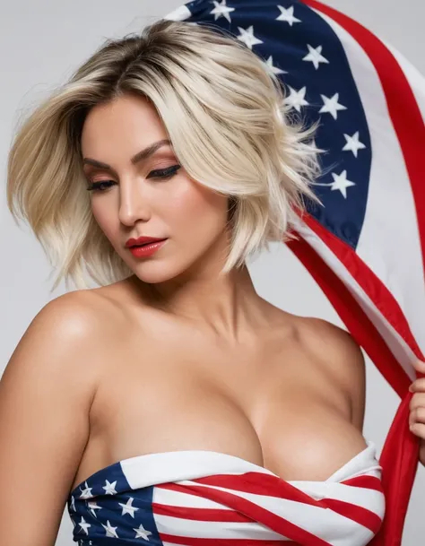 short messy hairstyle, a close up of a naked woman wrapped in an American flag, flag folded around her naked body, wearing an american flag cape, a screenshot by Adam Rex, tumblr, tachisme, american flag wrapped around her body, sexy body, her hand is on h...