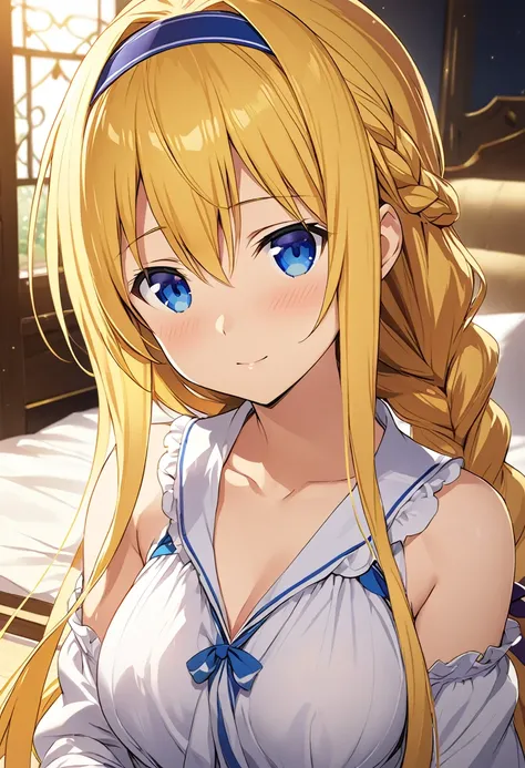 Highest quality、Very detailed、High resolution illustrations、Ultra-high-definition CG、８k size wallpaper、Production art、Light Novel Illustration、alice zuberg, bangs, blue eyes, blonde hair, hair between eyes, very long hair, braid, hairband, wh