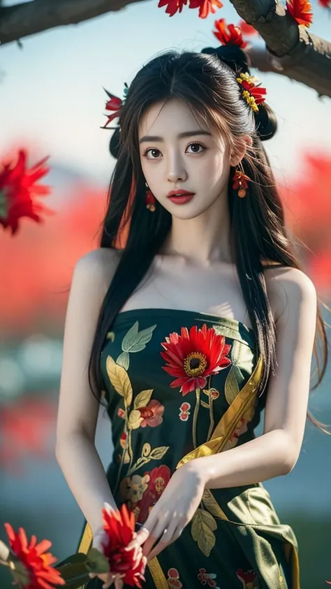 (8K、Top quality、masterpiece:1.2)、(8K、Top quality、masterpiece:1.2)、Dark theme、(Top quality、masterpiece:1.2)、20-year-old girl wearing a torn feather dress、(Chaos of red flowers in the background:1.3)、Beauty、Korean Temple、Beautiful woman、Gorgeous、Charm