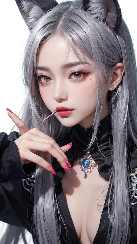 An anthropomorphized silver wolf applying lipstick。Her cheeks turned red、The eyes were hollow。Apparently he&#39;s drunk。Disheveled Hair。In the thick bamboo grove where thousands of trees grow。Silver Wolf has a unique fashion sense、sunglasses、Im wearing a h...