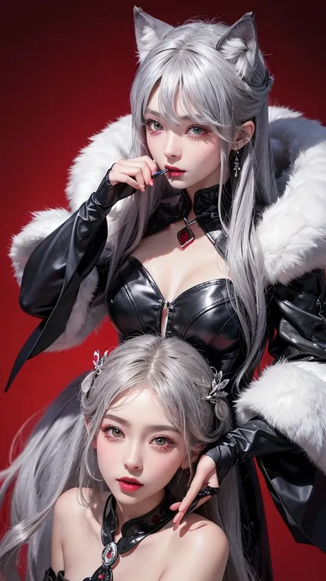 An anthropomorphized silver wolf applying lipstick。Her cheeks turned red、The eyes were hollow。Apparently he&#39;s drunk。Disheveled Hair。In the thick bamboo grove where thousands of trees grow。Silver Wolf has a unique fashion sense、sunglasses、Im wearing a h...