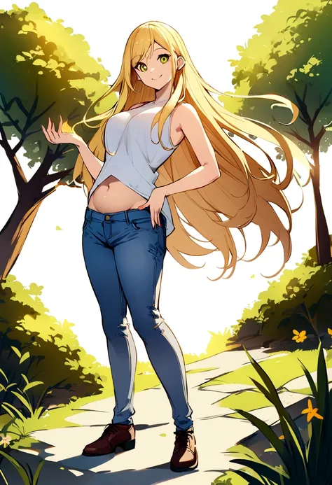 Blonde、long hair、upright stance、full body、Fighter、Belly out、American、jeans、front、No sleeve、woman、Tree Eyes、White background、smile、tall、Honeyhair