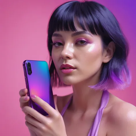 smartphone in her hand, blackhair female hands holding dildo to her face, that is glowing with pink and purple colours, dripping wet, closeup macro photo, minimalistic, in a light purple and pink style, with soft edges and blurred details, in the toycore s...