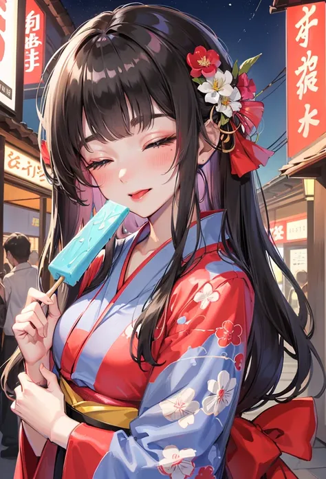 (Stretching out sexy tongue, sexy kiss and Lick:1.2 a popsicle) (solo:2, 15 yo blunt bangs:1.2 black hair long hair shrine maiden cute girl, sexy closed eyes, love smile), (in a cute yukata), break, (in the night Japanese festival venue), BREAK, perfect an...