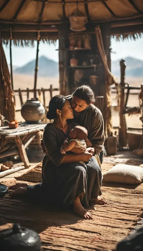 A humble yurt in the Asian steppes, with a newborn Temüjin in his mothers arms, background dark gold sun, hyper realistic, ultra detailed hyper realistic, photorealistic, Studio Lighting, reflections, dynamic pose, Cinematic, Color Grading, Photography, Sh...