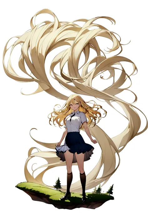 Blonde、long hair、upright stance、full body、Fighter、Belly out、American、skirt、shirt、tie、front、Short sleeve、woman、Tree Eyes、White background、smile、tall、Honeyhair