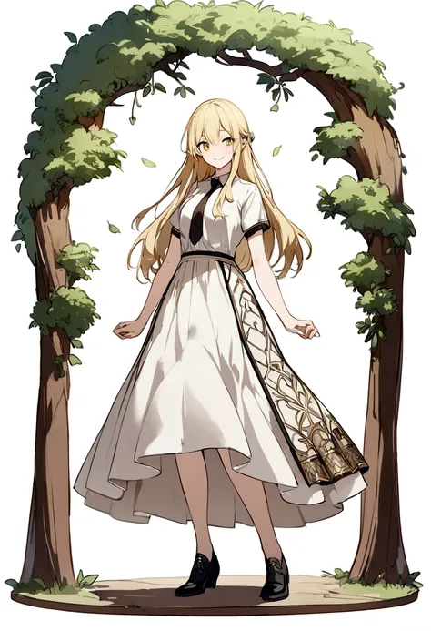 Blonde、long hair、upright stance、full body、Fighter、Belly out、American、skirt、shirt、tie、front、Short sleeve、woman、Tree Eyes、White background、smile、tall、Honeyhair