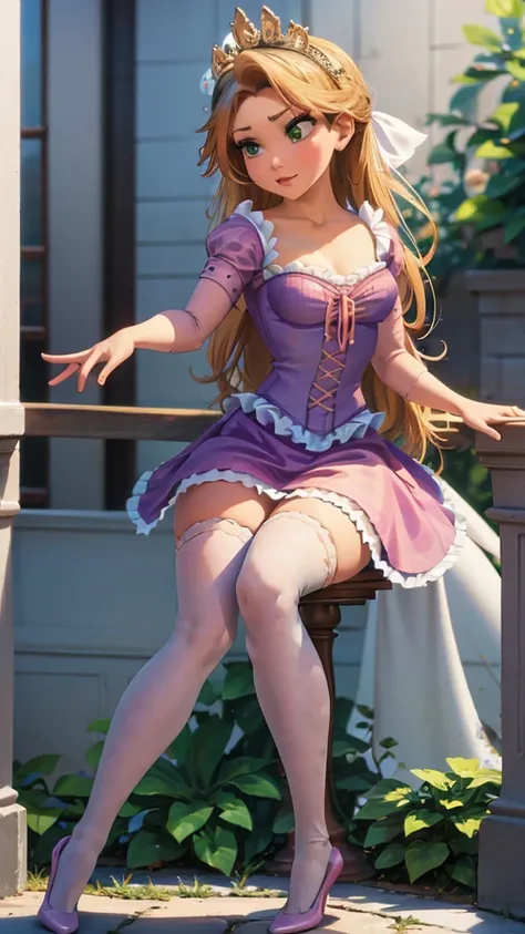 Rapunzel wearing a white tight caffarena and white thigh high socks. White heels. green pattern loose skirt. 