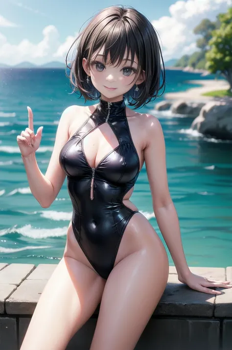 Highest quality、Complete limbs、Full Finger、Slender beauty、short hair、Beaver、smile、Monokini, 