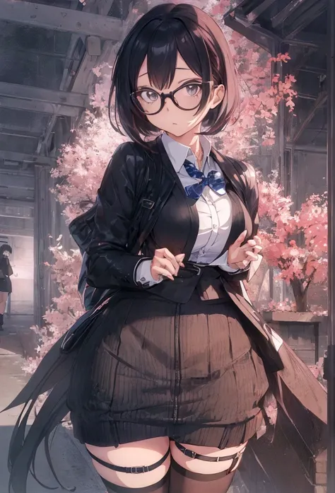 Anime-style image of a woman wearing a short skirt and glasses, a hyperRealistic , hyperRealistic , chic, Realistic , , (SFW) Safe at Work, Gwaiz, artwork in the style of Gwaiz, [ 4k digital art ]!!, Realistic anime 3 d style