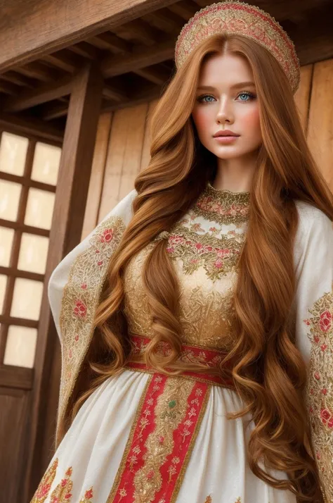 A gorgeous, pretty, shiny, kind-hearted, warm-hearted, sweet, polite, sensitive, friendly, charming, graceful, stylish, classy, alluring, majestic, ethereal, angelical ginger long haired russian woman dressed in traditional colourful folk costumes. A  is w...