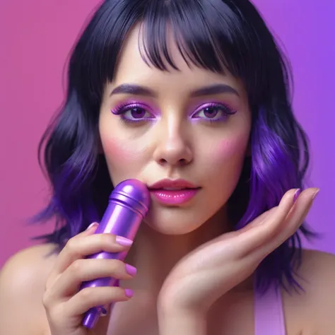 smartphone in her hand, blackhair female hands holding dildo to her face, that is glowing with pink and purple colours, dripping wet, closeup macro photo, minimalistic, in a light purple and pink style, with soft edges and blurred details, in the toycore s...