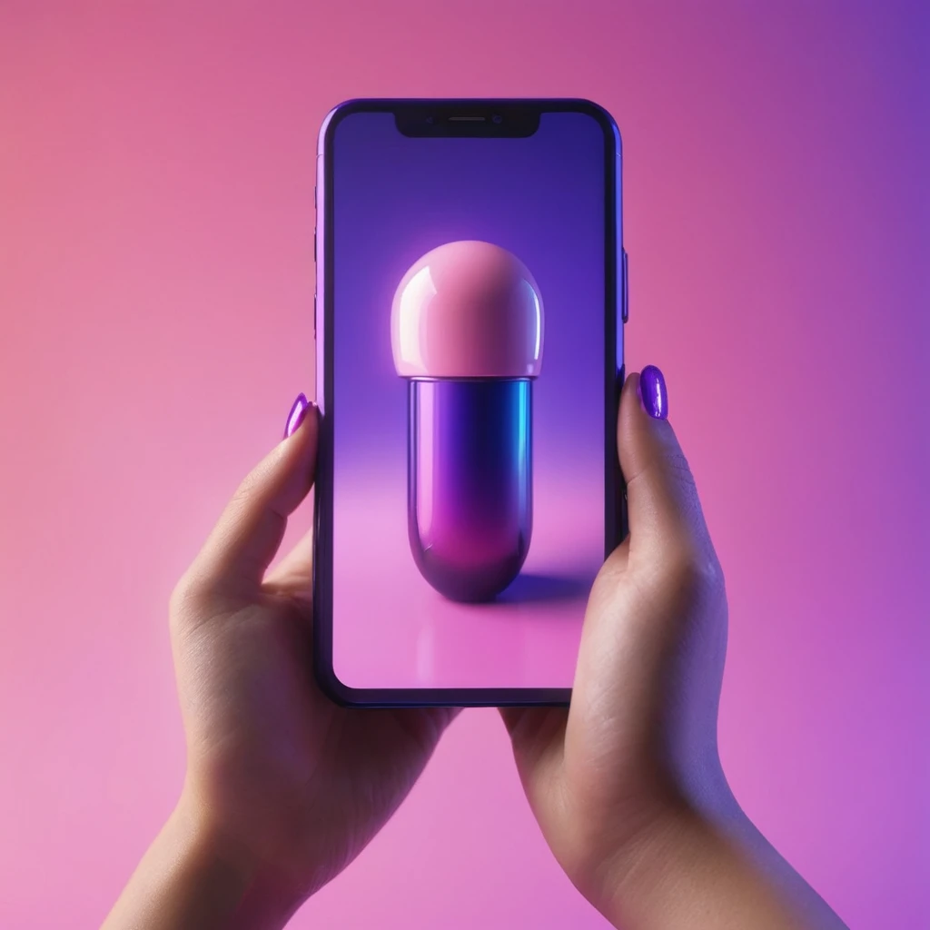 smartphone in her hand, blackhair female hands holding dildo to her face, that is glowing with pink and purple colours, dripping wet, closeup macro photo, minimalistic, in a light purple and pink style, with soft edges and blurred details, in the toycore s...