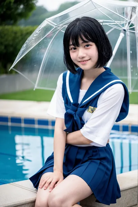 japanese, junior High School girl,1 person, age 15, Sailor Mercury, A cosplay that is heavy wet and heavy transparent,Wet sky blue short hair, Wet arms,Wet legs,Wet Face,pose,Highest quality, wet poolside, smile
