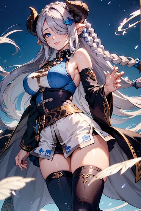 (((1 female))), ((detailed blue eyes)), ((silver long hair)), large breasts, perfectly drawn body, narmaya, charming smile, mini...