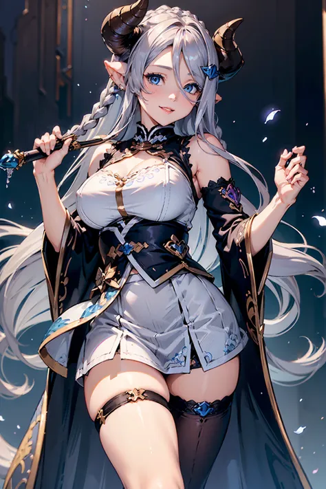 (((1 female))), ((detailed blue eyes)), ((silver long hair)), large breasts, perfectly drawn body, narmaya, charming smile, mini...