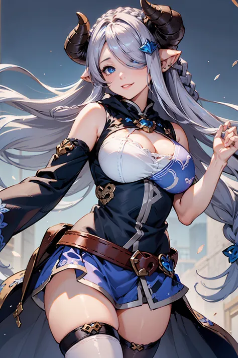 (((1 female))), ((detailed blue eyes)), ((silver long hair)), large breasts, perfectly drawn body, narmaya, charming smile, mini...