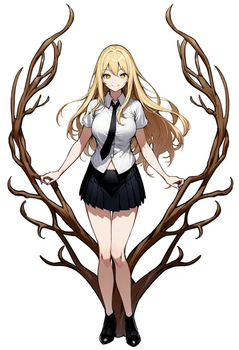 Blonde、long hair、upright stance、full body、Fighter、Belly out、American、Short skirt、shirt、tie、front、Short sleeve、woman、Tree Eyes、White background、Simple Background、smile、tall、Honeyhair、Belly out