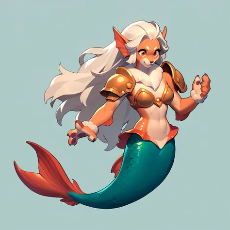 full body view of a furry mermaid, furry animal, female, long hair, red and white color, having steel shoulder pads