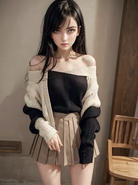 (best quality), 1girl, female, pale skin, (black hair), blonde ombre, medium hair, messy hair, hair over eyes, (brown eyes), perfect eyes, dark circles under eyes, skinny body, , flat chest, off-shoulder_sweater, pleated skirt, striped_legwear, childish, m...