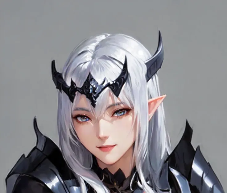 anime - style image of a Female Elf with white hair and horns, Dark Elves princess, alluring Elf Princess knight, portrait of an Fairy Queen, Fairy Queen, Dark Elves, Elf Princess knight, Smiling elf character, an Fairy Queen, Elf Girl, Female Elf, Elf Kni...