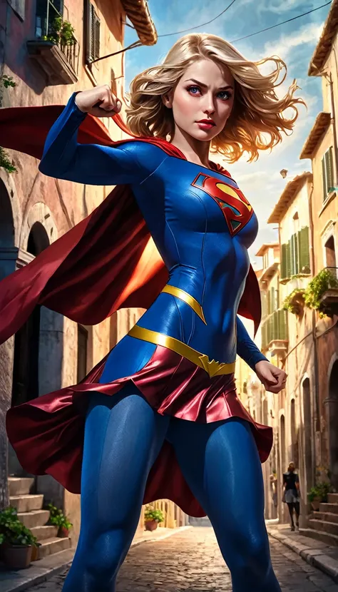 a beautiful supergirl character flying over a picturesque italian city, oil painting, high-quality details, photorealistic, cinematic lighting, dramatic colors, chiaroscuro, influenced by the art of Bill Sienkiewicz, masterpiece, ultra-detailed, 8k, HDR, p...