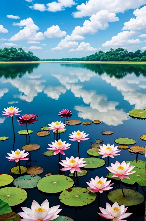 Many beautiful lotus flowers，White blue sky，Hayao Miyazaki cartoon style