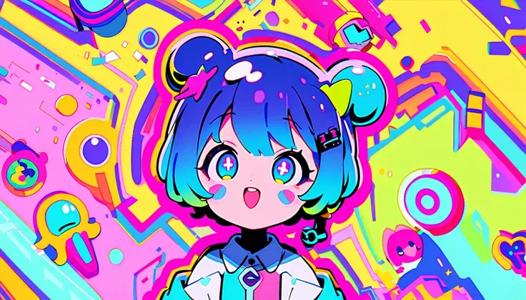 Spirited Art,pop、bright、pastel, 1 female, ライトblueの髪,　short hair、Happy,cute, Animation Style, cute, clearly, Colorful cyberpunk、bubblegum pop, cute、ピンクとライトblueをメインカラーに、I&#39;Cheer loudly、　Wearing headphones、tropical,　summer、　Blue as the base color、blue、Cool...