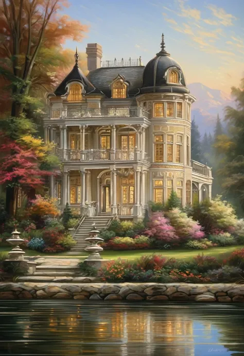 a detailed romantic era style lakeside mansion painting