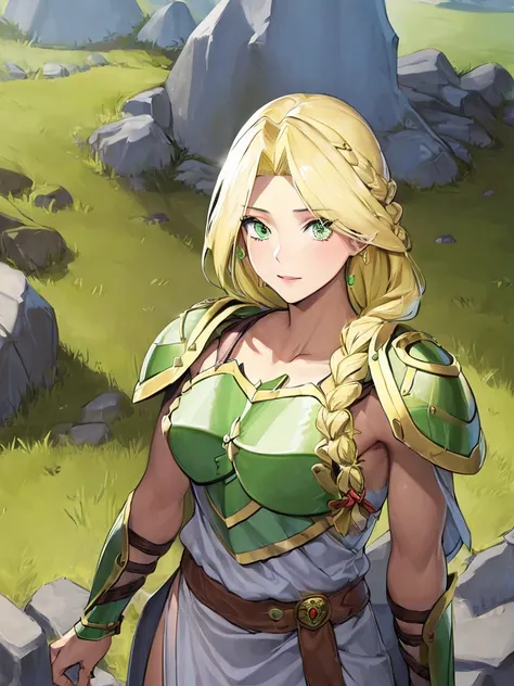 masterpiece,best quality, 1girl, 18yo, beautiful girl,BREAK,(Armor:1.8),(Beautiful blonde,braid,Green Eyes:1.5),