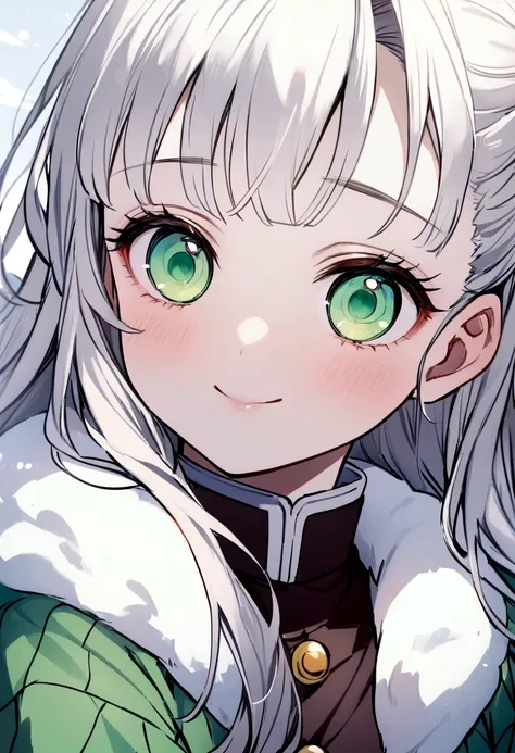 Masterpiece, Best Quality,1 girl、Kimetsu no Yaiba style、uniform hashira、  bright platinum hair 、long hair、bright platinum hair、smiles、    cold、   pastel green eyes、  light eyes、cold、close-up、Kimetsu no Yaiba 